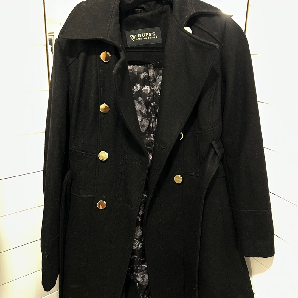 GUESS Women's Black Trench Coat with Gold Buttons